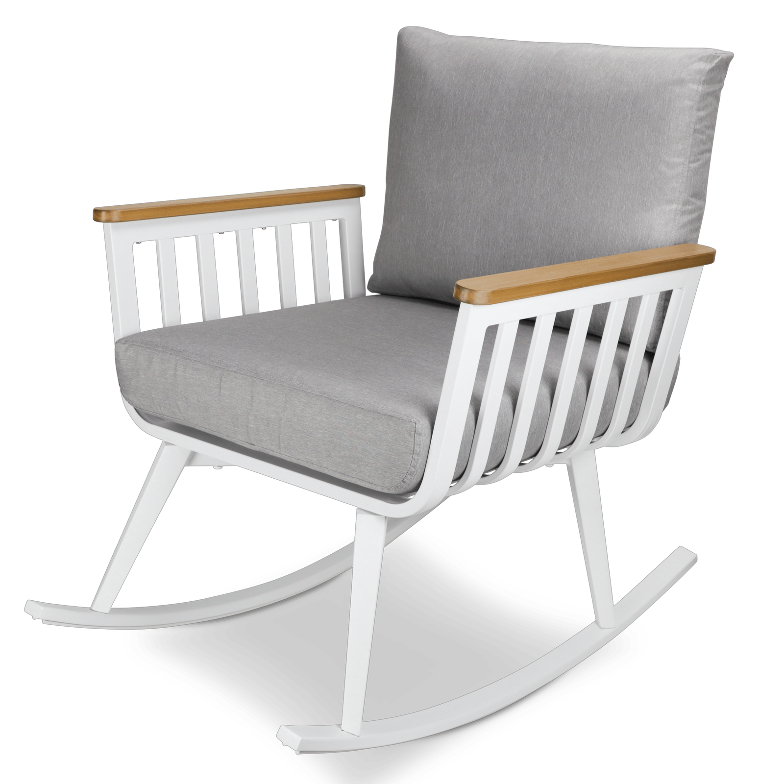 Sorrento Rocker in Arctic White with Polywood Teak Accent and Spuncrylic Stone Grey Cushions - The Furniture Shack