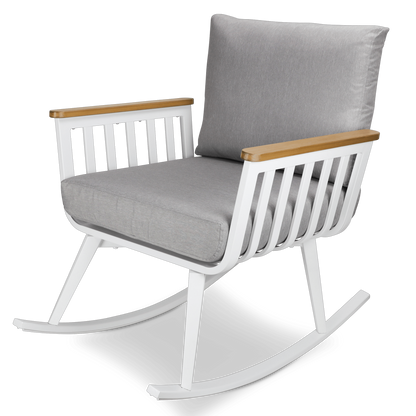 Sorrento Rocker in Arctic White with Polywood Teak Accent and Spuncrylic Stone Grey Cushions - The Furniture Shack