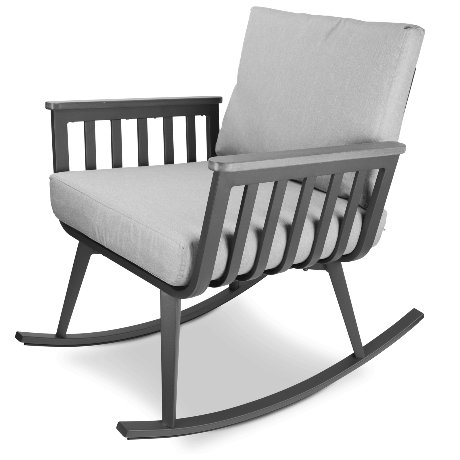 Sorrento Rocker in Gunmetal with Polywood Teak Accent and Spuncrylic Stone Grey Cushions - The Furniture Shack