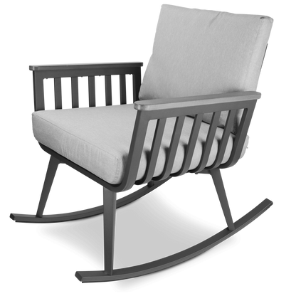 Sorrento Rocker in Gunmetal with Polywood Teak Accent and Spuncrylic Stone Grey Cushions - The Furniture Shack