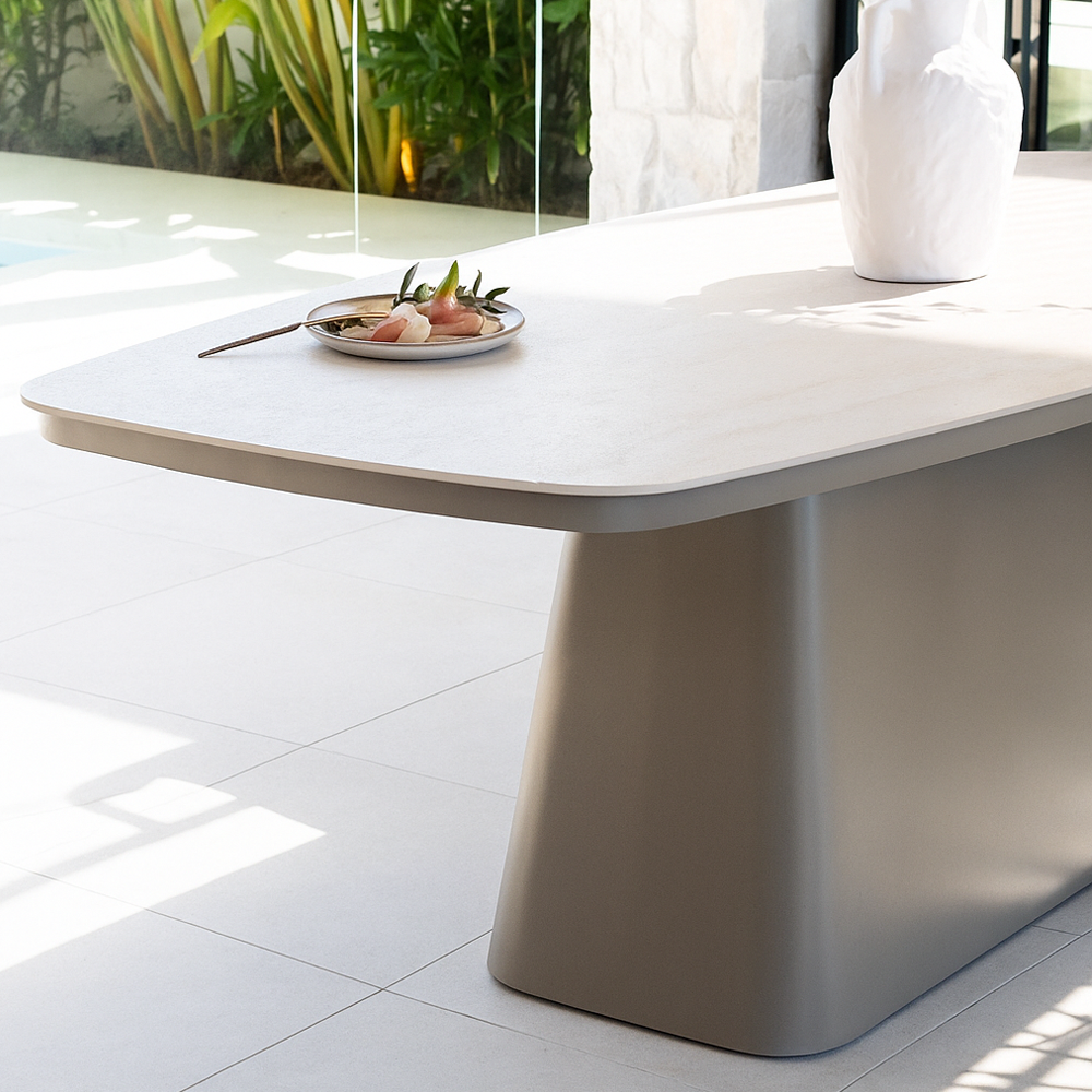Trieste Dining Table in Taupe Aluminium and Travertine Ceramic Stone