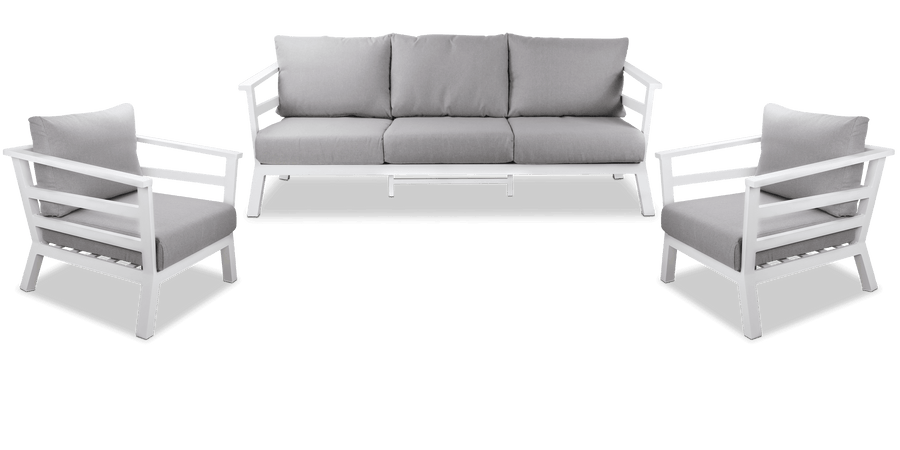 Aveiro 3 Seater with 2 x Armchairs in Arctic White with Stone Olefin Cushions