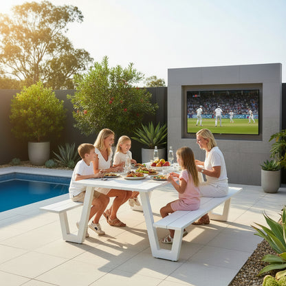 Mediterranean Dining Table and Bench Set in Arctic White Aluminium