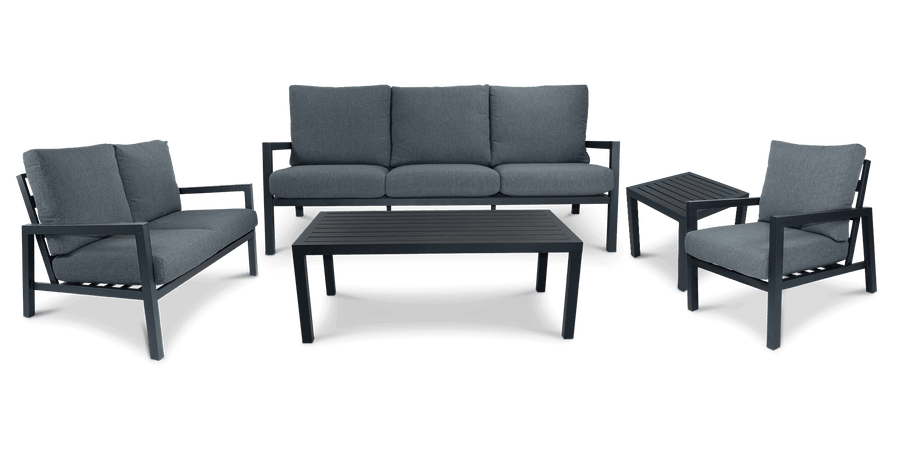 San Sebastian 3 Seater, 2 Seater, Armchair, Coffee & Side Table in Gunmetal with Platinum Olefin Cushions