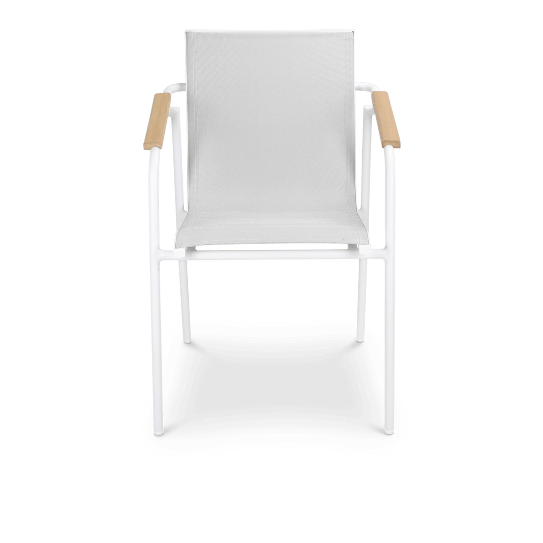 Capri Dining Chair in Arctic White Aluminium Frame with Polywood Teak Accent and Dune Textilene - The Furniture Shack
