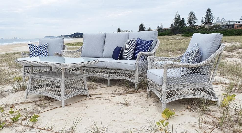 Hamptons 3 Seater with 2 x Armchairs, Coffee & Side Table in Surfmist Wicker and Dune Spunpoly Cushions - The Furniture Shack