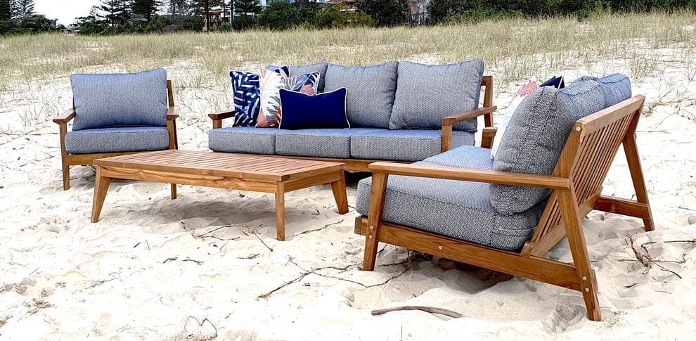Riviera 3 Seater, 2 Seater, Armchair & Coffee Table in Premium Natural Teak and Navy Check Sunproof All Weather Fabric - The Furniture Shack