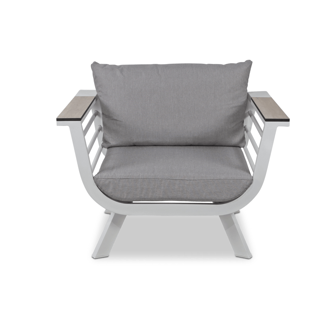 Amalfi Armchair in Arctic White with HPL Accent and Spuncrylic Stone Grey Cushions - The Furniture Shack