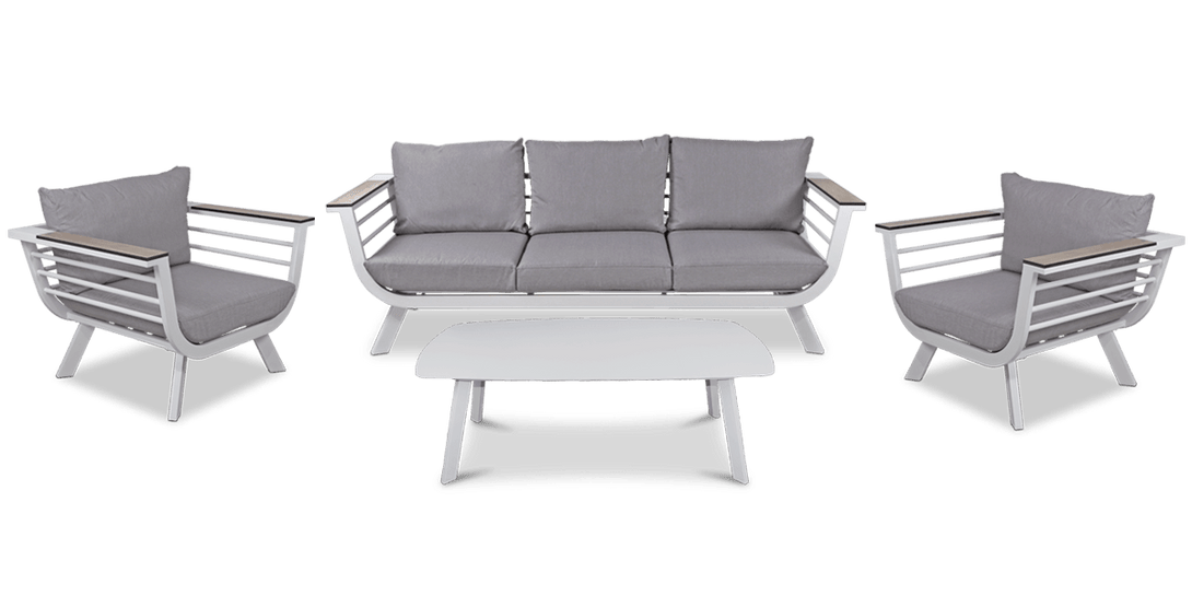 Amalfi 3 Seater with 2x Armchairs & Coffee Table in Arctic White with HPL Accent and Spuncrylic Stone Grey Cushions - The Furniture Shack