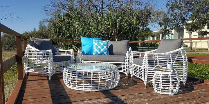 Barbados 2 Seater, 2 x Armchairs, Coffee & Side Table in Arctic White Wicker and Pebble Olefin Cushions - The Furniture Shack