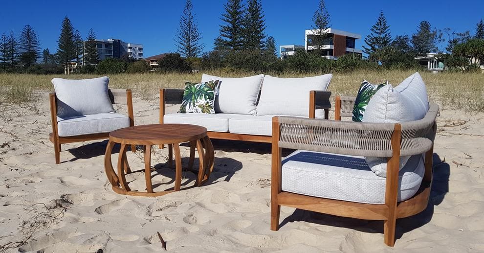 Pacific 3 Seater, 2 Seater, Armchair & Coffee Table in Premium Natural Teak and Stone Check Sunproof All Weather Fabric - The Furniture Shack