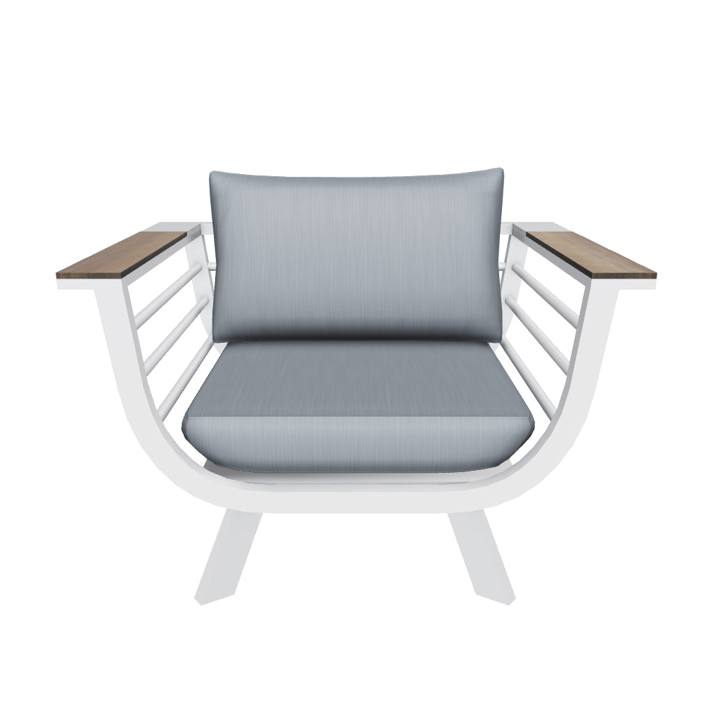Amalfi Armchair in Arctic White with HPL Accent and Spuncrylic Stone Grey Cushions