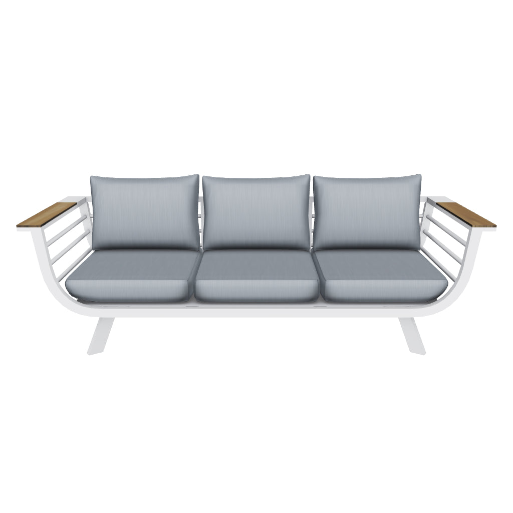 *END OF LINE - FLOOR STOCK DISPLAYS ONLY LEFT* Amalfi 3 Seater in Arctic White with HPL Accent and Spuncrylic Stone Grey Cushions