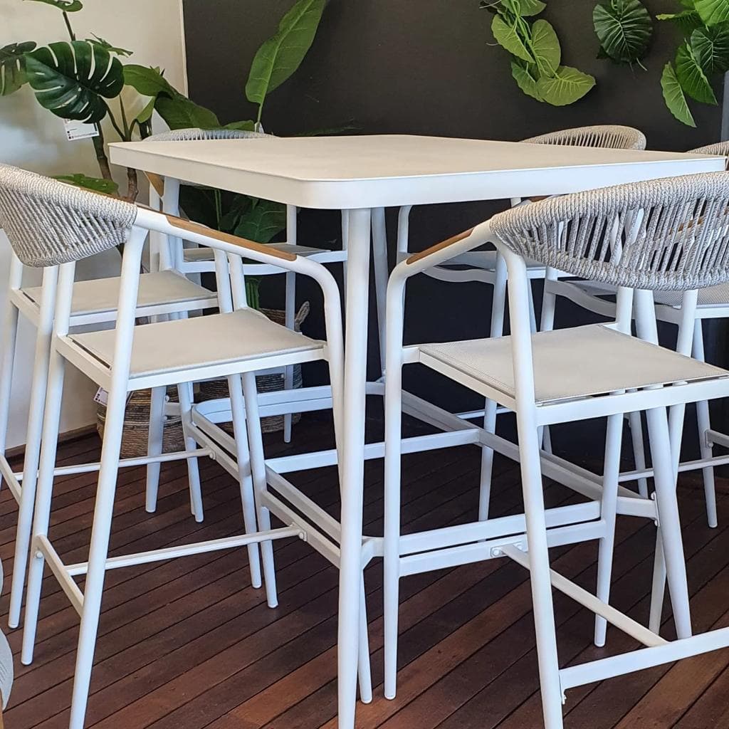 Amalfi Bar Stool in Arctic White Aluminium Frame, Olefin Rope with Polywood Teak Accent and Stone Grey Textilene - The Furniture Shack
