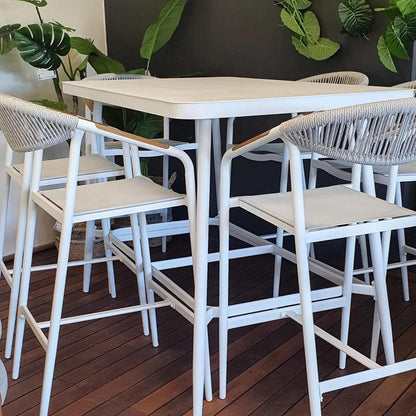 Amalfi Bar Stool in Arctic White Aluminium Frame, Olefin Rope with Polywood Teak Accent and Stone Grey Textilene - The Furniture Shack