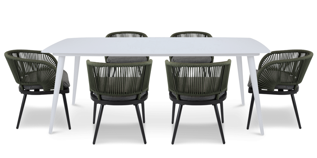 Amalfi Rectangle 7 Piece Outdoor Setting in Arctic White with Rope Chairs