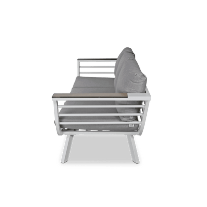 Amalfi 3 Seater in Arctic White with HPL Accent and Spuncrylic Stone Grey Cushions - The Furniture Shack