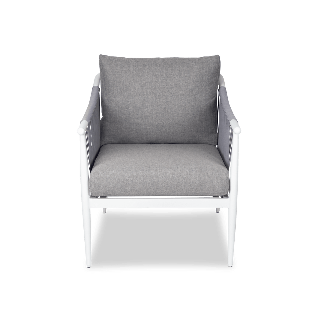 Marbella Armchair in Arctic White with Sahara Olefin Cushions and Pewter Rope - The Furniture Shack