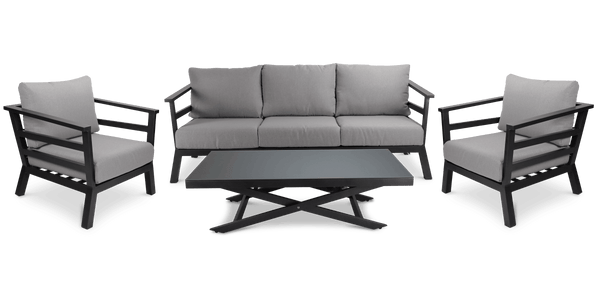Aveiro 3 Seater with 2x Armchairs and Mykonos Adjustable Coffee Table in Gunmetal Grey with Stone Olefin Cushions - The Furniture Shack