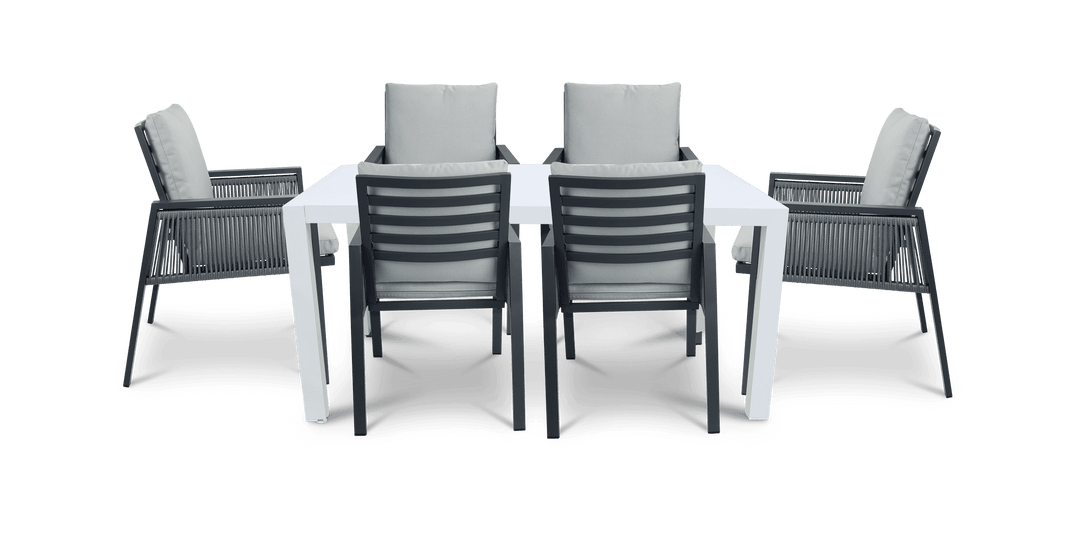 Bahamas Rectangle 7 Piece Outdoor Setting in Arctic White with Rope Chairs