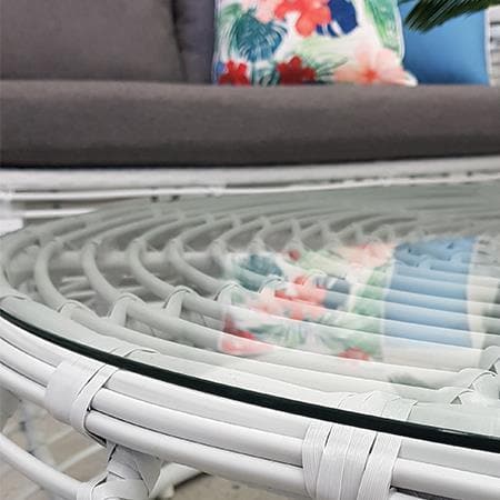 Barbados Outdoor Wicker Coffee Table in Arctic White with Glass Top - The Furniture Shack