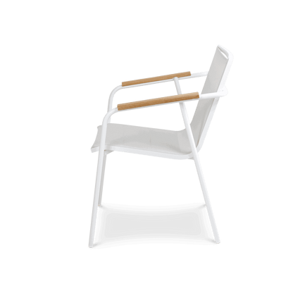 Capri Dining Chair in Arctic White Aluminium Frame with Polywood Teak Accent and Dune Textilene - The Furniture Shack