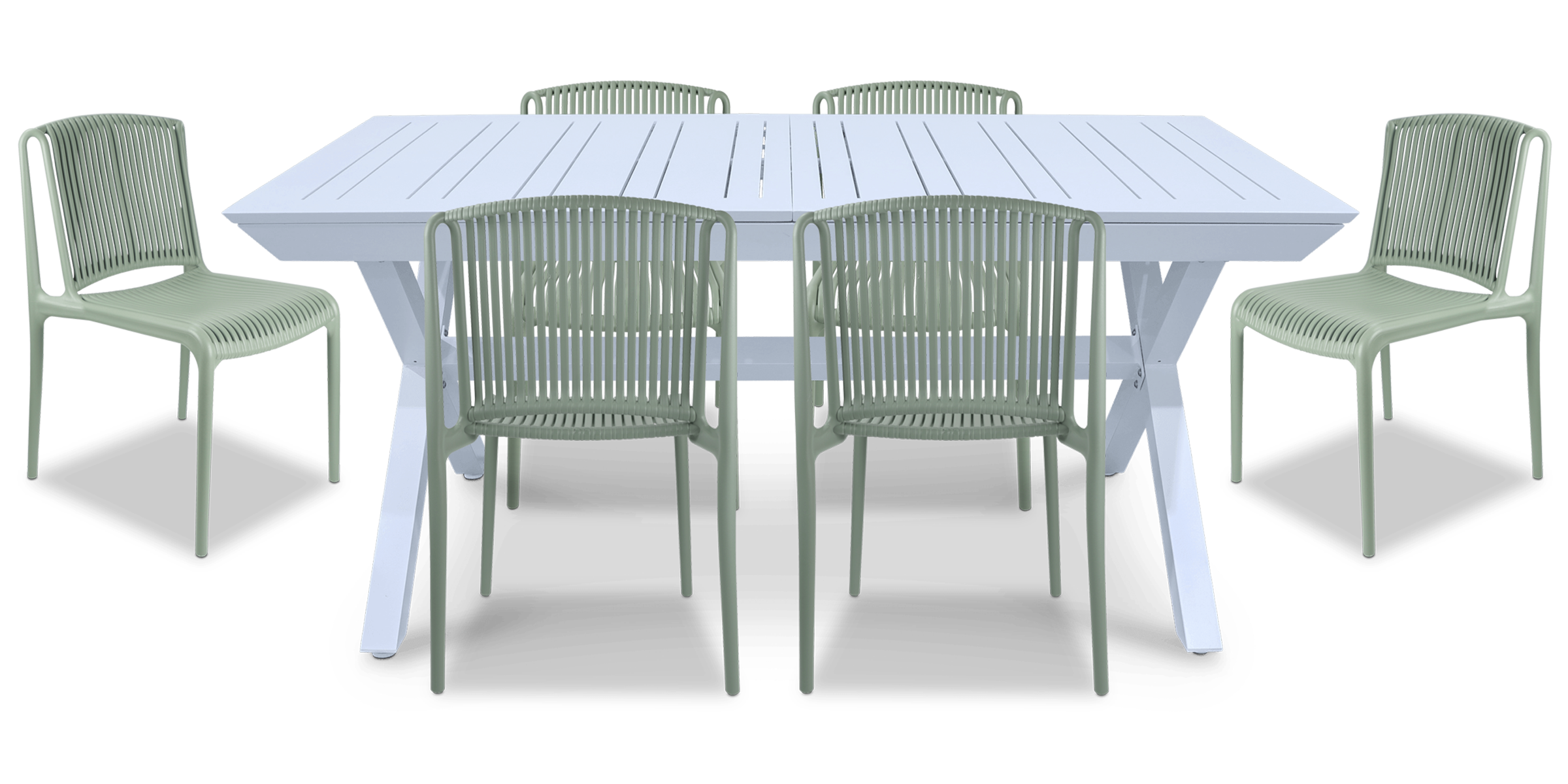 Caribbean Outdoor Extension Table in White with UV Plastic Outdoor Chairs (PP)