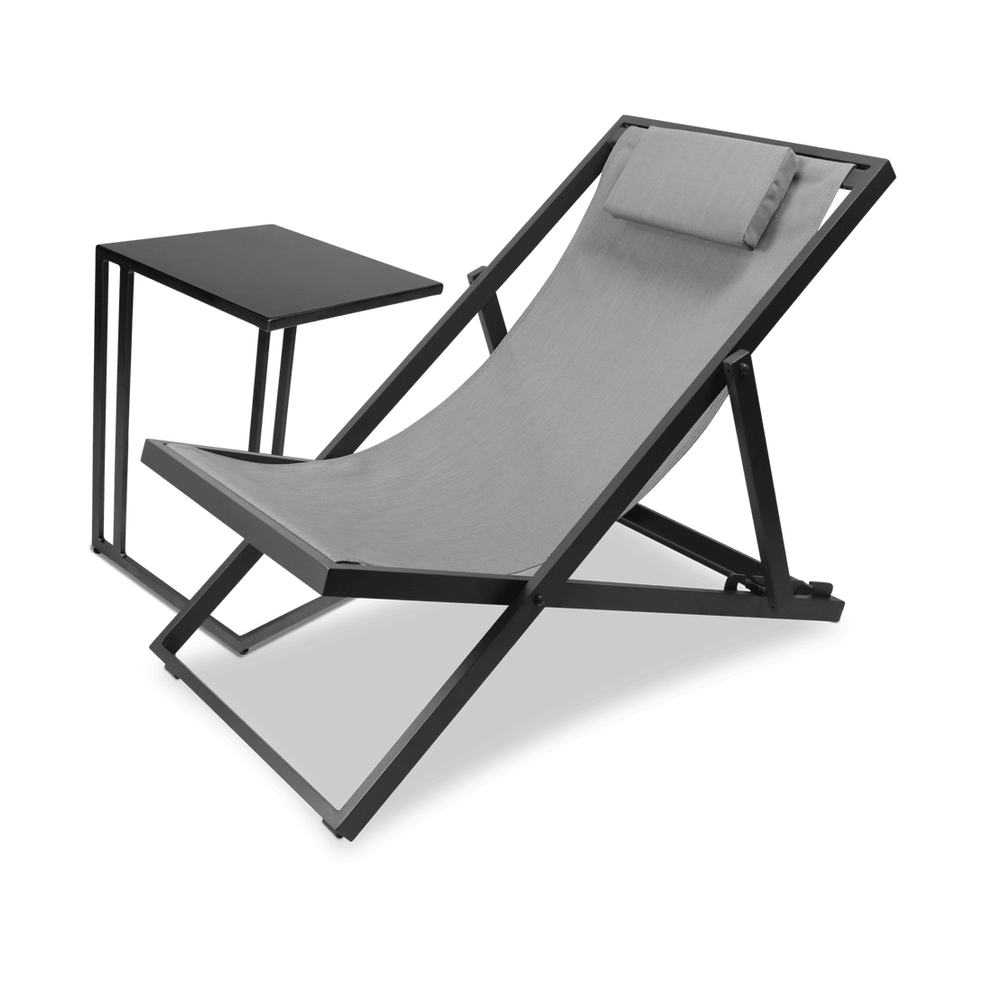 Chill Outdoor Deck Chair and Mykonos Medium Side Table in Gunmetal Aluminium Frame and Charcoal Grey Textilene - The Furniture Shack