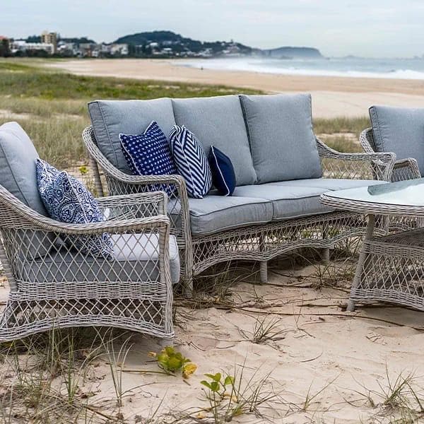 Hamptons 3 Seater with 2 x Armchairs, Coffee & Side Table in Surfmist Wicker and Dune Spunpoly Cushions - The Furniture Shack