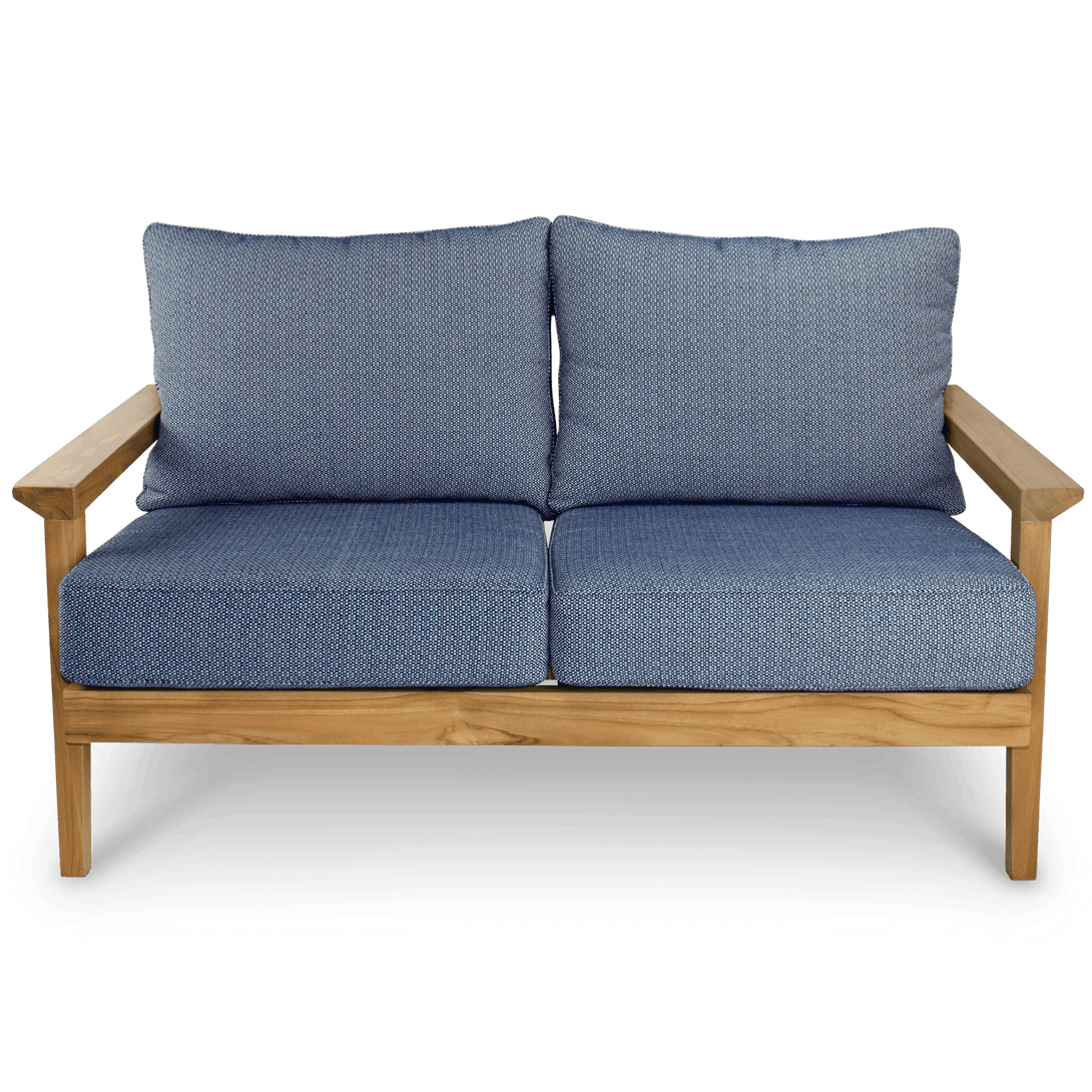 Riviera 2 Seater in Premium Natural Teak and Navy Check Sunproof All Weather Fabric - The Furniture Shack