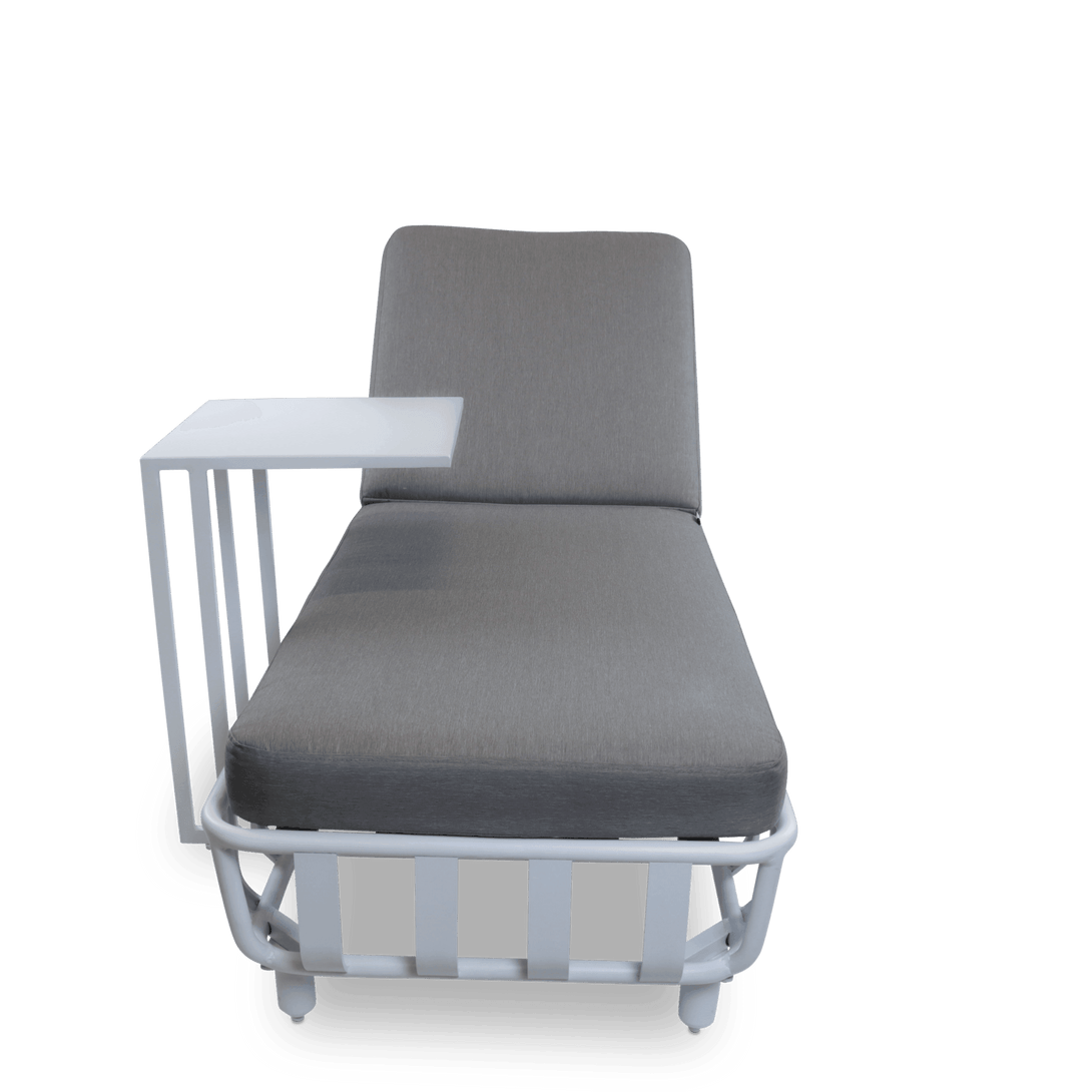 Sorrento Sunlounger & Mykonos Large Side Table in Arctic White with Spuncrylic Stone Grey Cushions - The Furniture Shack