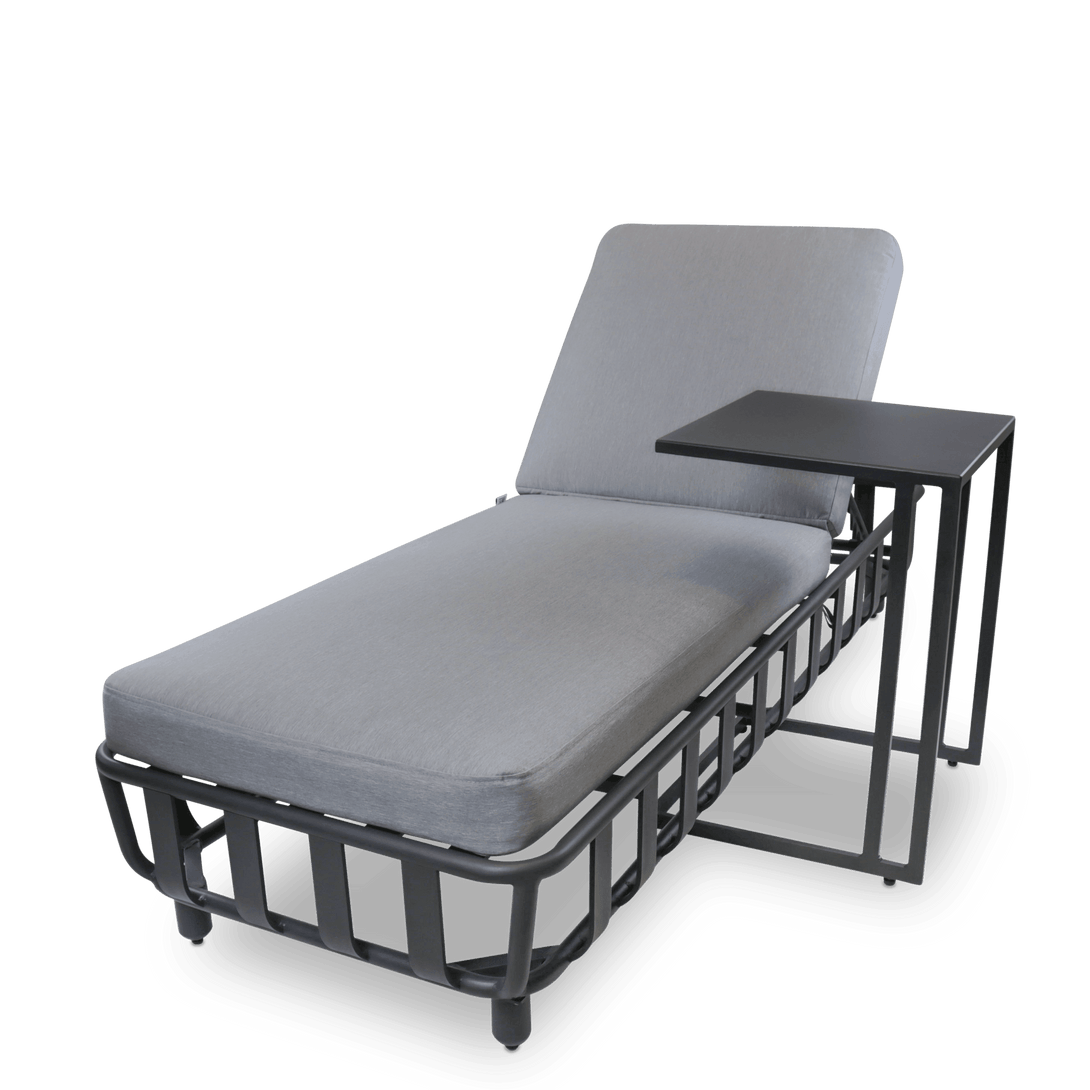 Sorrento Sunlounger & Mykonos Large Side Table in Gunmetal with Spuncrylic Stone Grey Cushions - The Furniture Shack