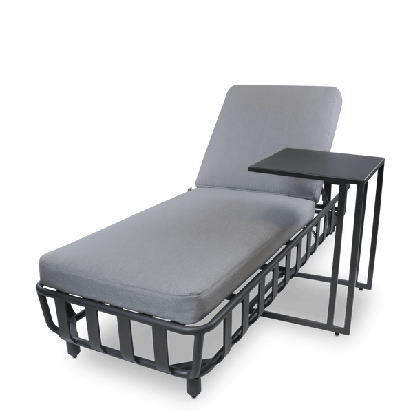 Sorrento Sunlounger & Mykonos Large Side Table in Gunmetal with Spuncrylic Stone Grey Cushions - The Furniture Shack