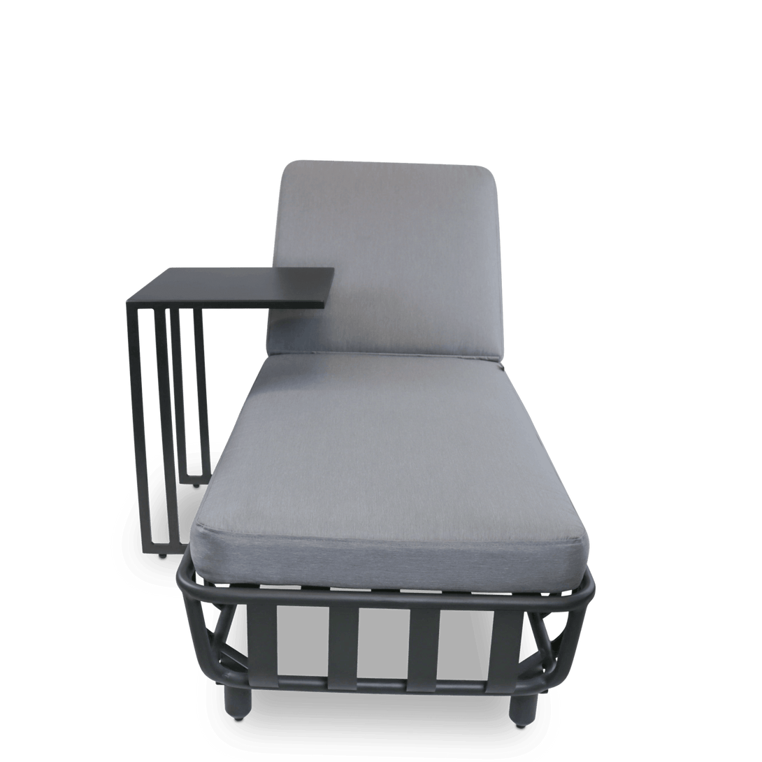Sorrento Sunlounger & Mykonos Large Side Table in Gunmetal with Spuncrylic Stone Grey Cushions - The Furniture Shack