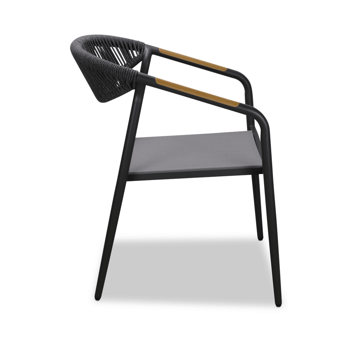Amalfi Dining Chair in Gunmetal, Olefin Rope with Polywood Teak Accent and Stone Grey Textilene - The Furniture Shack