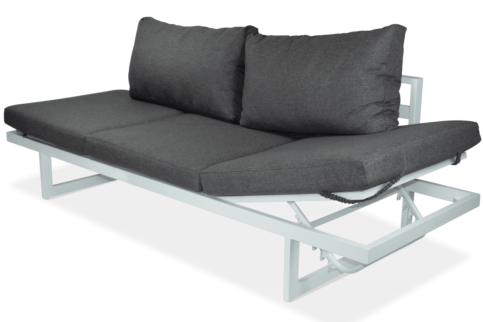 Milan 3 Seater with Dual Sunlounger Functionality in Arctic White Frame and Pebble Olefin Cushions - The Furniture Shack