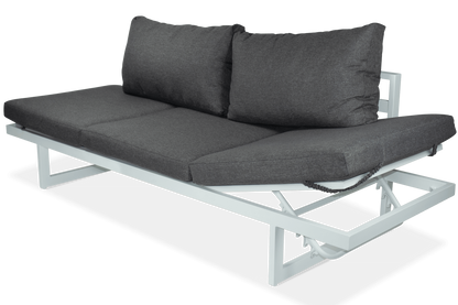 Milan 3 Seater with Dual Sunlounger Functionality in Arctic White Frame and Pebble Olefin Cushions - The Furniture Shack