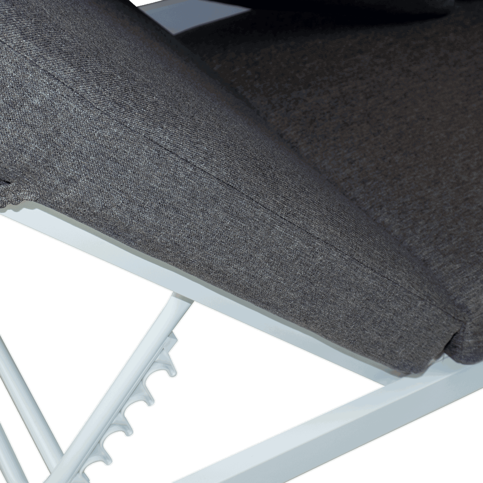 Milan 3 Seater with Dual Sunlounger Functionality in Arctic White Frame and Pebble Olefin Cushions - The Furniture Shack