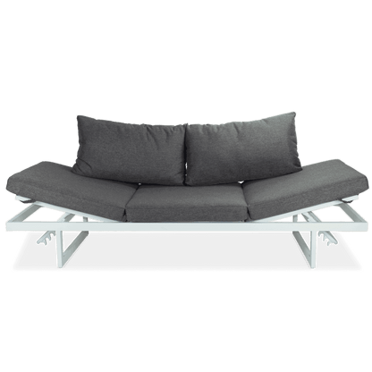 Milan 3 Seater with Dual Sunlounger Functionality in Arctic White Frame and Pebble Olefin Cushions - The Furniture Shack