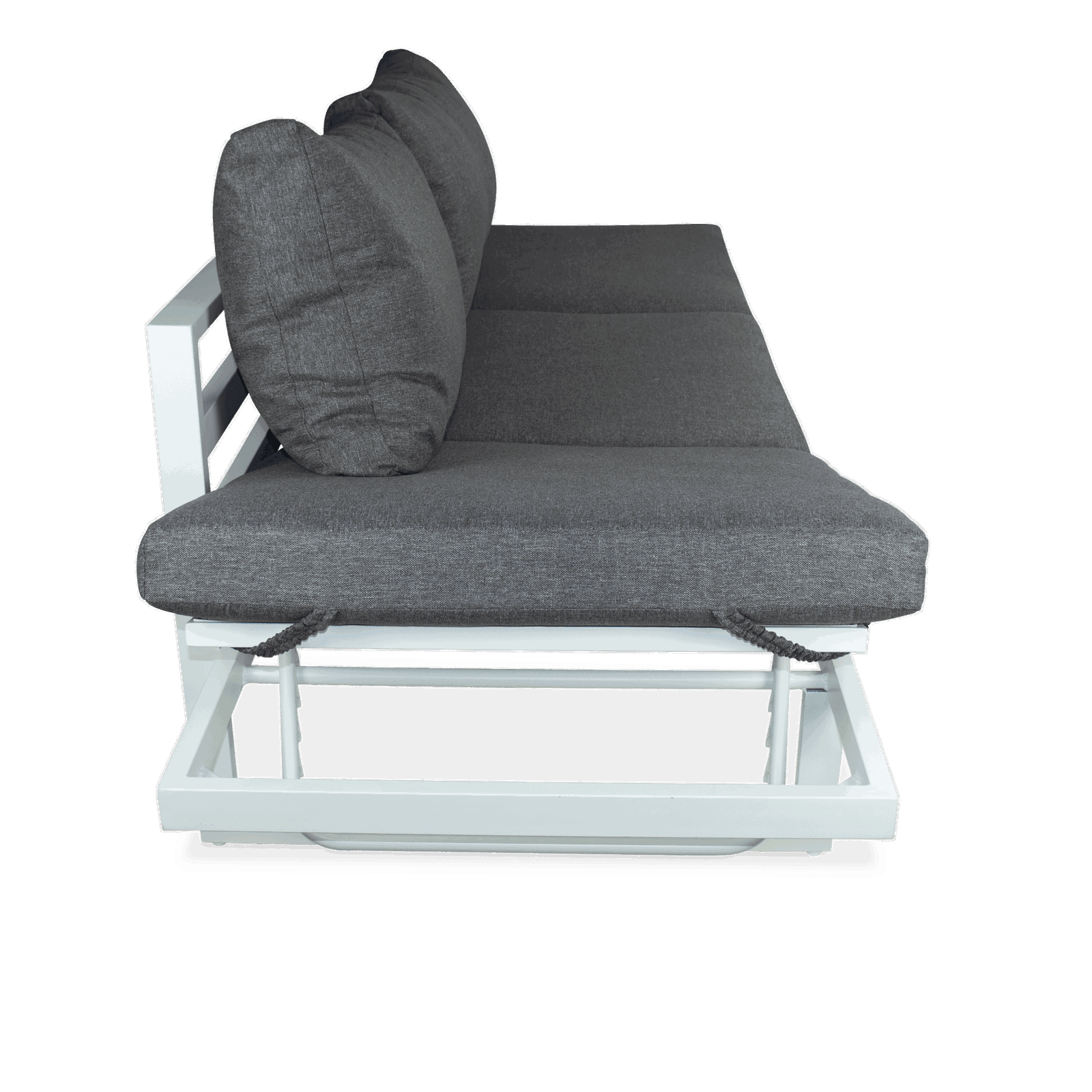 Milan 3 Seater with Dual Sunlounger Functionality in Arctic White Frame and Pebble Olefin Cushions - The Furniture Shack