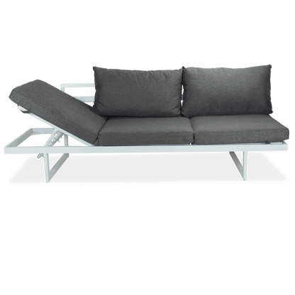 Milan 3 Seater with Dual Sunlounger Functionality in Arctic White Frame and Pebble Olefin Cushions - The Furniture Shack