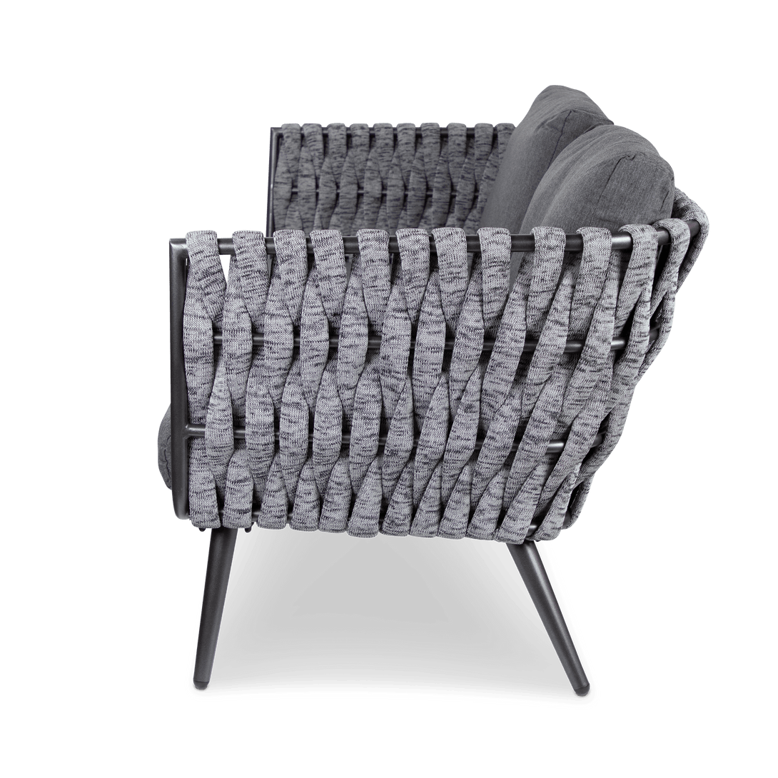 Montego 3 Seater, 2 Seater, Armchair and Coffee Table in Gunmetal Grey with Charcoal Spun Poly Cushions and Midnight Fleck Olefin Rope - The Furniture Shack