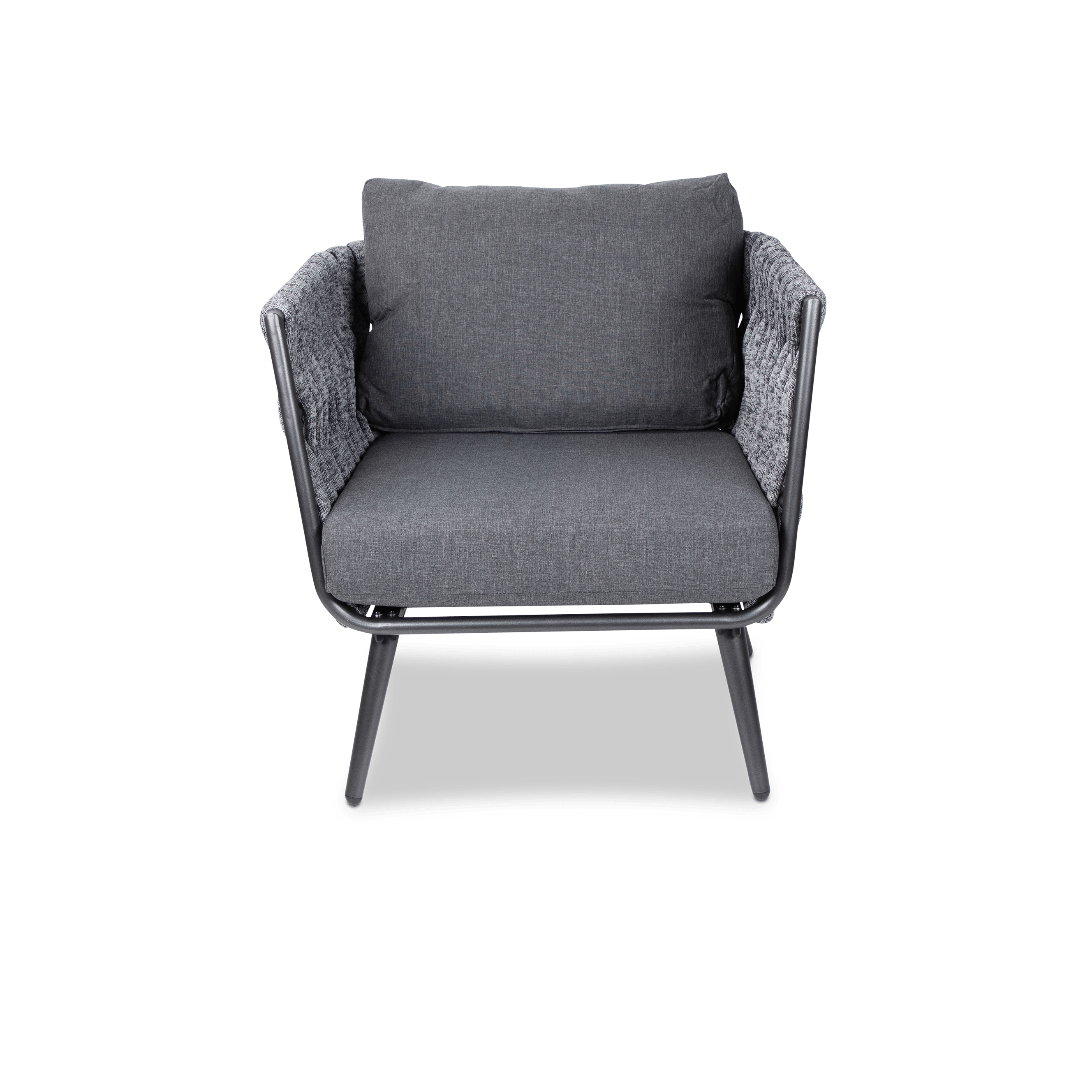 Montego 3 Seater, 2 Seater, Armchair and Coffee Table in Gunmetal Grey with Charcoal Spun Poly Cushions and Midnight Fleck Olefin Rope - The Furniture Shack