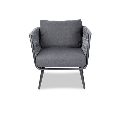 Montego 3 Seater, 2 Seater, Armchair and Coffee Table in Gunmetal Grey with Charcoal Spun Poly Cushions and Midnight Fleck Olefin Rope - The Furniture Shack