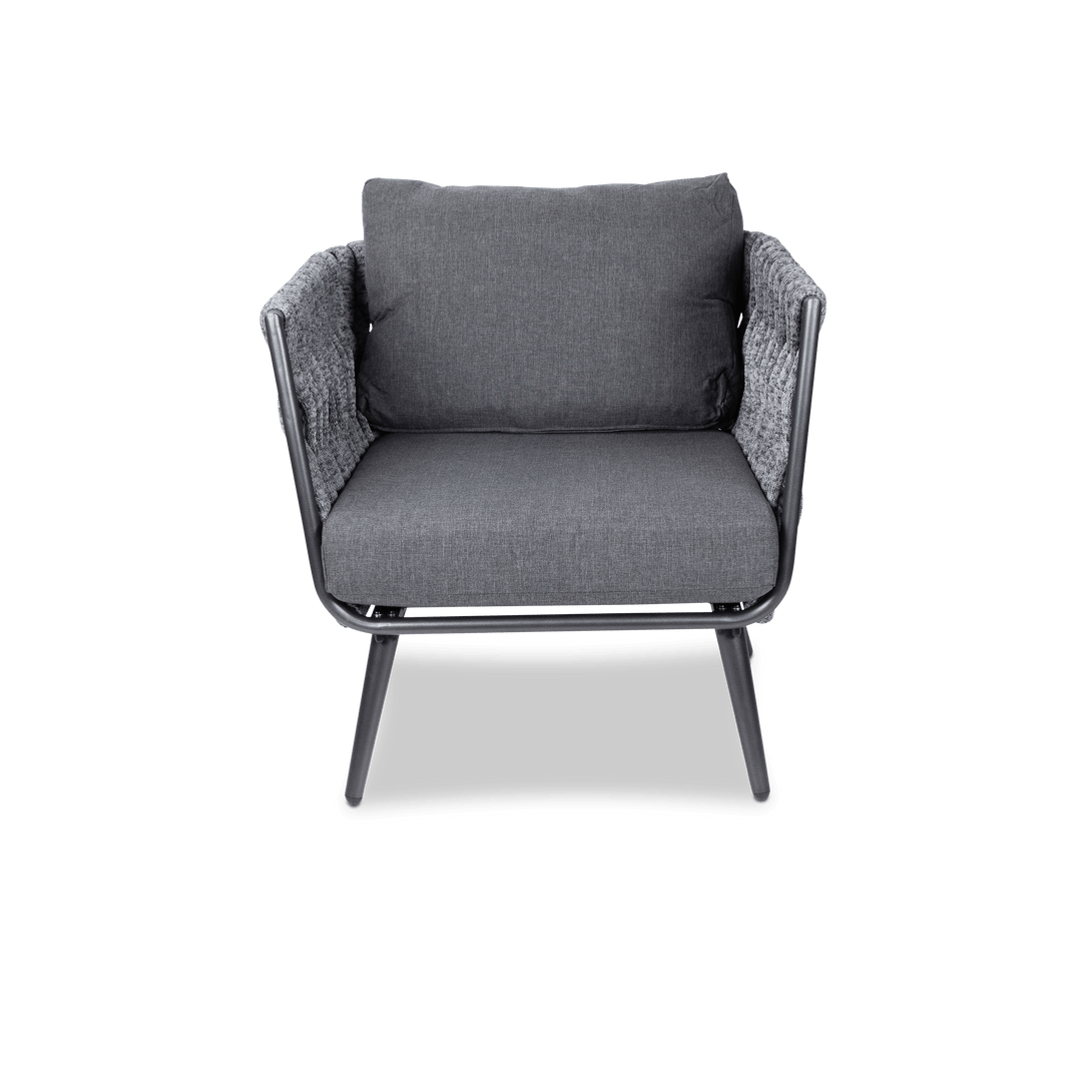 Montego Armchair in Gunmetal Grey with Charcoal Spun Poly Cushions and Midnight Fleck Olefin Rope - The Furniture Shack