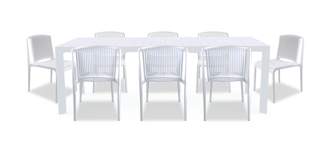Morocco Outdoor Extension Table in White with Polypropylene Chairs