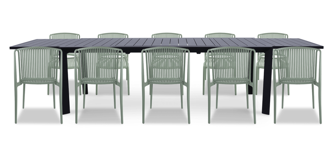 Morocco Outdoor Extension Table in Gunmetal with Polypropylene Chairs