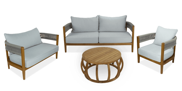 Pacific 3 Seater, 2 Seater, Armchair & Coffee Table in Premium Natural Teak and Stone Check Sunproof All Weather Fabric - The Furniture Shack