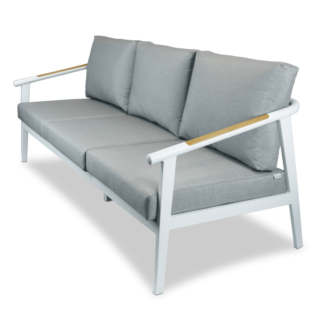 Porto 3 Seater with 2 x Armchair & Coffee Table in Arctic White with Teak Polywood Accent, HPL Table Top and Spuncrylic Stone Grey Cushions - The Furniture Shack