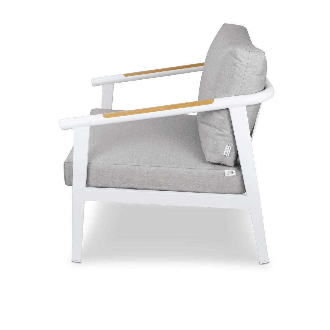 Porto Armchair in Arctic White Aluminium Frame with Teak Polywood Accent and Spuncrylic Stone Grey Cushions - The Furniture Shack